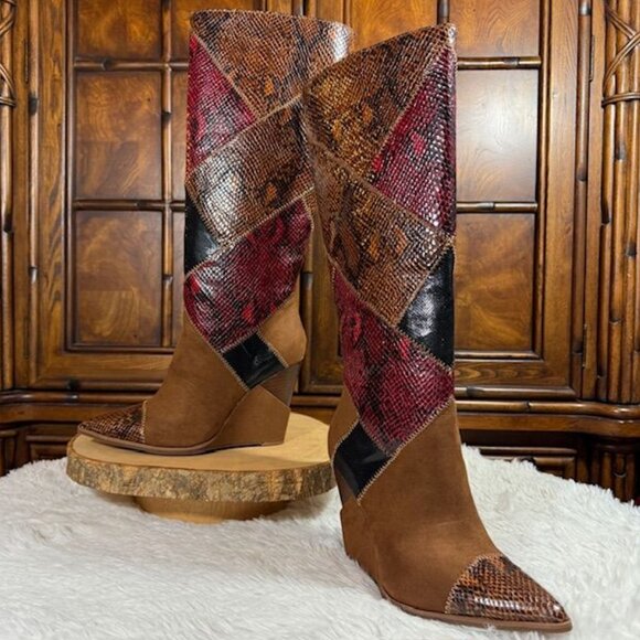 Jessica Simpson Henlee Dark Tan Glossy Desert Snake Combo Textured Wedge Boot - Picture 1 of 16